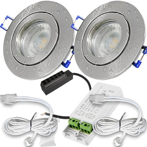 LED Decken Einbauspots 2er Set –, IP44, Feuchträume, Niederspannung 12V, 250 Lumen, Warmweiß, 3W, Rund, inkl. Netzteil & 120cm Zuleitung mit AMP Stecker. Bad, Dusche, Küche, überdachter Aussenbereich