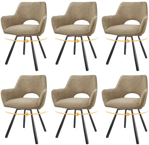 WAFTING Esszimmerstühle 6er Set Drehbar,Armlehnstuhl mit Metallbeine,geeignet als Stühle Esszimmer,Samt Stuhl,Küchenstühle,Wohnzimmerstuhl,Polsterstuhl mit Samtigem Gefühl,Kaki