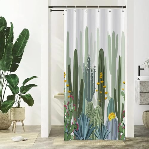 Xiaoterna Kaktus Duschvorhang Aquarell Grün Pflanzen Blumen Wasserdicht Badezimmer Vorhang Tropische Sukkulente Pflanze Botanisch Schimmelresistent Maschinenwaschbar Badezimmer Dekoration 90x180cm