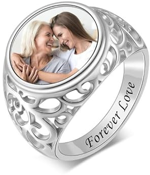 hadefa Custom Photo Ring,Personalized 925 Silver Engraved Name Ring Anniversary Wedding Birthday Gift for Lover, Available in Silver, Gold, Rose Gold