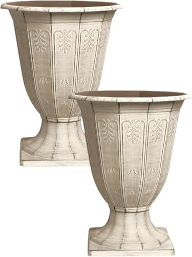 Divas World Antique Cream Decorative Urn Planter 40cm Tall 32cm Diameter Lightweight Outdoor Indoor Garden Plant Pot Vintage Pedestal Vase Style (2)