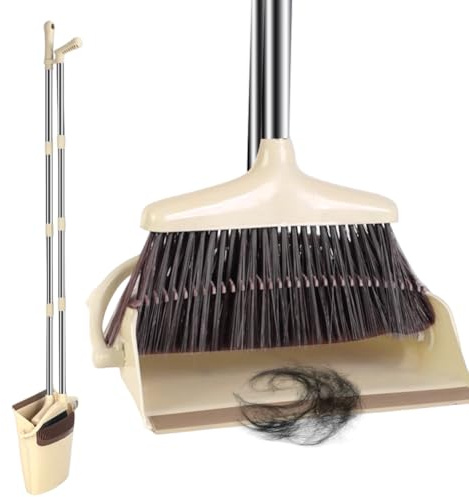 Set di scopa e paletta con manico, 140 cm, manico lungo – Broom & paletta con manico lungo, paletta e scopa, setole in PET a 4 strati, asta telescopica, per la casa e l'ufficio (beige)