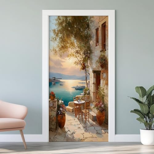 Strand Küste 3D-Türaufkleber, Meerblick Türposter Selbstklebend, Toskana Italien Vinyl Abnehmbar Türfolie Türtapete, für Schlafzimmer Badezimmer Deko, 88x200 cm G6s49
