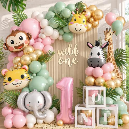 Geburtstagsdeko 1 Jahr Mädchen | 137 Stück Dschungel Wild One Deko Set | Deko 1. Geburtstag Mädchen mit Ballonbox Folienballons | Safari Luftballon Girlande für Erster Geburtstag Kinder Baby Shower