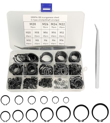 YYMT Set di 385 anelli di sicurezza, colore nero, assortimento di anelli elastici in acciaio al carbonio, 13 misure M4-M28, clip a C esterna con pinza e scatola di plastica per alberi