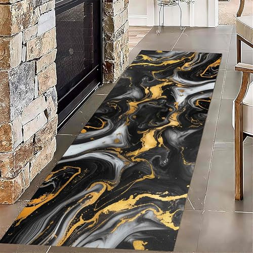Maschinenwaschbarer Läuferteppich, 60x200cm Moderner Graugoldener, Abstrakter Marmor-Teppich, Stilvoller Küchenläufer, Rutschfester, Kurzfloriger, Faltbarer Teppich für Flur, Eingang, Schlafzimmer