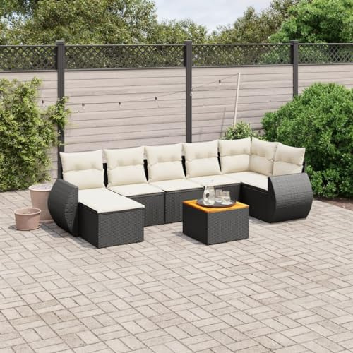 QJBSAVVA 8-TLG. Gartenlounge Schwarz Poly Rattan 55×55 cm mit Akazientisch Gartenmöbel Set Modular Balkonmöbel Kleiner Balkon Terrassenmöbel Outdoor Gartensofa mit Aufbewahrung platzsparend