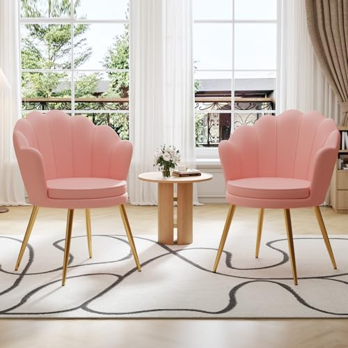 Ckaff Esszimmerstühle aus Samt 2er Set, Schminktisch Stuhl, Muschelsessel mit Blütenblatt-Rückenlehne, Polstersessel Stuhl Schminktisch mit Gold Metallbeinen für Esszimmer Wohnzimmer, Rosa