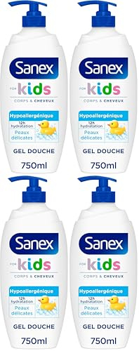 SANEX - Gel Douche Derma Care Kids Pompe - 12h d'hydratation - Peaux Délicates - Enfant - 700ml (Lot de 4)
