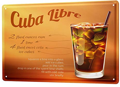 Blechschild Vintage Retro Metallschild Wandschild Blech Poster Alkohol Retro Cuba Libre Rezept Bar Kneipe Restaurant