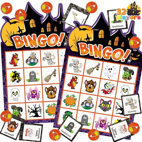 JOYIN 32 Halloween-Bingo-Spielkarten (4x4 und 5x5) – 16 Spieler für Halloween-Party-Kartenspiele, Spiele für die Schule, „Süßes oder Saures“, Halloween-Partyzubehör, Familienaktivität