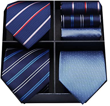 HISDERN Lote 3 PCS Corbata de hombre Cheque de lunares Fiesta de bodas de color solido a rayas Panuelo Corbata y Bolsillo Cuadrado - Conjuntos multiples