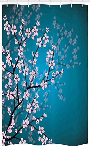 ABAKUHAUS japanisch Schmaler Duschvorhang, Sakura Bloom Muster, Badezimmer Deko Set aus Stoff mit Haken, 120 x 180 cm, Petrol Blau Hellrosa
