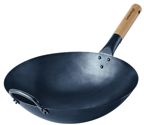 Letschef 35,6 cm Wok aus Karbonstahl mit rundem, bodenfreiem chemischem Kochgeschirr für Gasherde, offenes Feuer, handgehämmert, chinesischer traditioneller Wok mit Bambusgriff (kein Deckel im