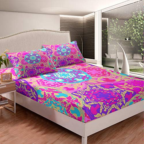 Loussiesd Boho Mandala Spannbetttuch 140x200cm Böhmischer Stil Spannbettlaken Hippie Mandala Gedrucktes Bettlaken Set Für Kinder Erwachsene Mädchen Bunt Exotisch Blumen Bettdecke Raumdekor