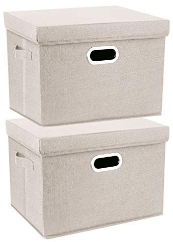 TYEERS Large Storage Box with Lid, Collapsible, Washable, Fabric Storage Box for Clothes, Wardrobe Storage, 44x30x29 cm, Set of 2, Beige
