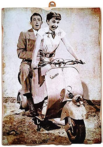 KUSTOM ART Bild im Vintage-Stil, Gregory Peck und Audrey Hepburn im Film, römische Urlaub, Druck auf Holz, verschiedene Größen.