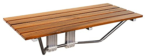 36 Foldable Teak Wood Shower Seat Bench, 400 lb Capacity, (Seating Size: 35.5 W x 15.75 D), Clear-Coated for Extra Protection, Wall Mount Folding Bathroom Stool Chair, Modern Chrome