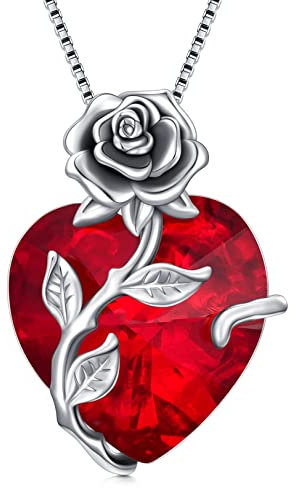 OCJ January Birthstone Necklace with Garnet Sterling Silver Rose Flower Pendant Necklace Jewellery Birthday Christmas Valentines Gifts for Women Girls Her Wife