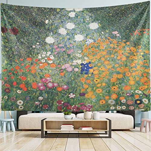 AHOMY Tapisserie Gustav Klimt Blumengarten Kunst Tapisserie Wandbehang Natur Landschaft Wandteppiche für Wohnzimmer Schlafzimmer, 152,4 x 101,6 cm