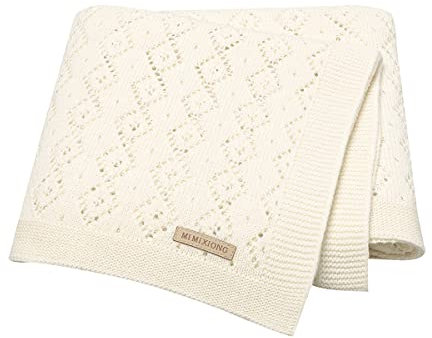 mimixiong Babydecke, 100% Baumwolle Strick 90x70 cm Babydecke für Neugeborene Jungen Mädchen (Elfenbein)