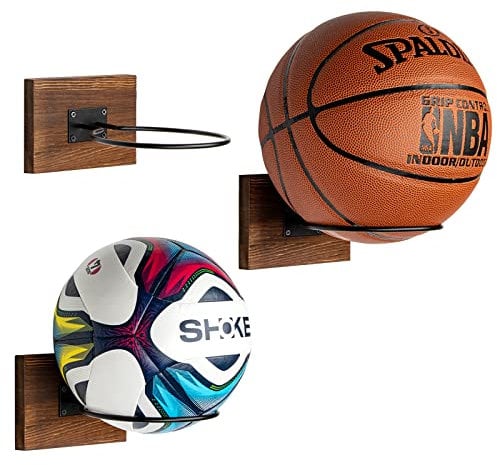 PUERSI Ball Halterung Holz Wand Ballhalter Basketballhalter Wandhalterung 3er-Set, Wandmontage Wandhalter für Basketball Fußball Volleyball, Rustikales Braun