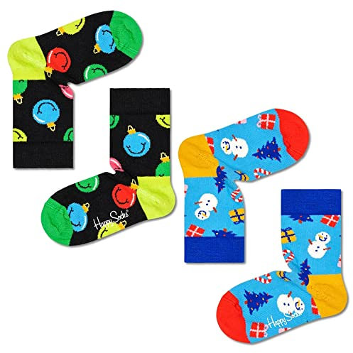 Happy Socks 2er Pack Weinachtssocken für Kinder, bunte und lustige Geschenkbox mit warme Socken Größe 7-9 Jahre
