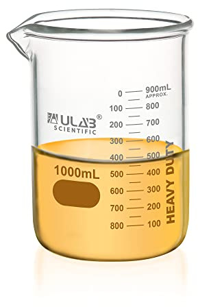 ULAB Heavy Duty Glass Beakers, Vol.1000ml, Borosilicate 3.3 Glass, Double Scale, Superior Durability & Chemical Resistance with Graduations, UBG1064