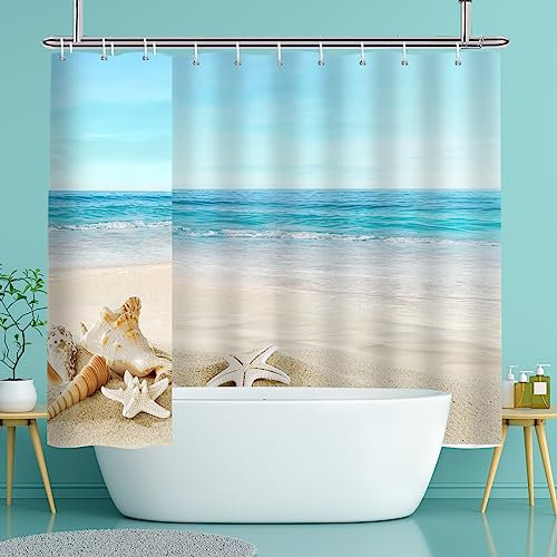 YISURE Duschvorhang Maritim Meer Strand, Ozean Welle Seesterne Muscheln Badevorhang badewanne Textil Schimmelresistent waschbar mit 16 Metallösen, Breite 240 x Höhe 200cm
