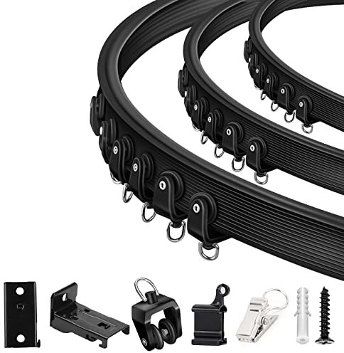 Flexible biegbare Deckenvorhangschiene, 4,6 m, schwarze Deckenschiene für Gardinenschiene, Wandhalterung, gebogenes Vorhangschienensystem-Set für Erkerfenster, Raumteiler