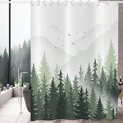 Hnmdmyi Duschvorhang Grün 180x180, Nebliger Wald Berg Natur Baum Pflanze Waldland Dekorative Badewanne Vorhang Wasserdicht Polyester Stoff Waschbar Badevorhang für Badezimmer mit Haken