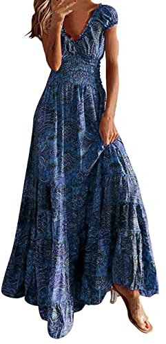 NNGOTD Tunique d'été pour Femme Col V Robe Droite Fluide Manches 3/4 Mi Longue Chemise Bohème A-Line Volant Sexy Chic Rétro de Plage Cocktail