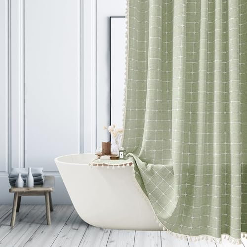 ggaimwf Rideau de Douche Rustique et résistant à Carreaux de Style Rustique et Chic avec Pompons – Rideau de Douche Lin en Tissu bohème Vert Sauge 183 x 183 cm