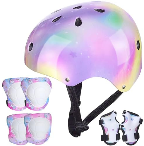 Conjuntos de Patinajes Niños, Unicorn Castle Protecciones Patines Niña con Casco Ajustables Rodilleras y Coderas para Skate Bicicleta Monopatín Deporte