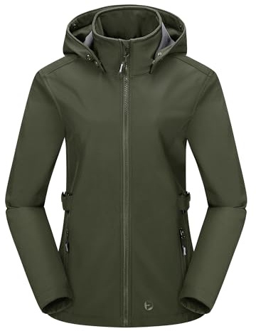 Outdoor Ventures Damen Softshelljacke Kurze Gefütterte Funktionsjacke Wasserdichte Übergangsjacke mit Abnehmbarer Kapuze Regenjacke Outdoor Regenmantel Softshellmantel für Wandern Laufen Oliv-Grün 2XL