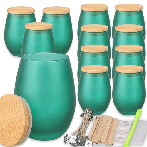 MILIVIXAY Kerzengläser Mit Bambusdeckel und Herstellungs-Kits - Mattgrüne, Leere Ovale Design-Gläser für Große Kerzen, Gewürz-, Pulverbehälter, 12 Stück