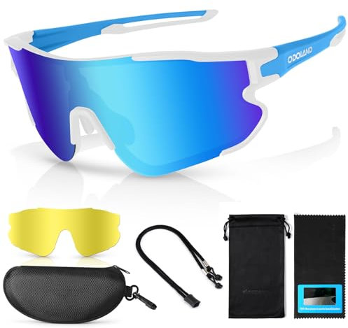 Odoland Lunette de Cyclisme Polarisées, Lunettes de Soleil de Sport UV 400 avec Remplaçables Vision Nocturne Verres pour Vélo, Pêche, Course à Pied, Homme Femme et Jeunes, Bleu