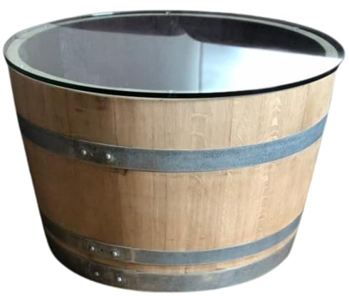 Fass-Schmiede Weinfass Couchtisch aus halbiertem Weinfass Unterteil mit Glasplatte (Glasplatte 70cm Ø, Geölt)