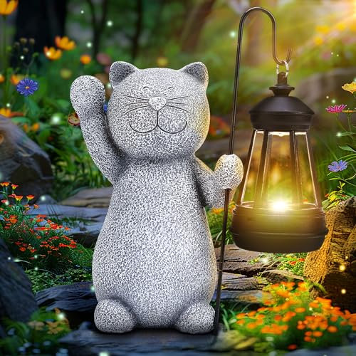 Statue de Jardin Exterieur d'Chaton, Deco Sculptures Solaire Lampe Chat Lumière, Idee Cadeau Maman Femme Homme Anniversaire Balcon Terrasse Salon Salon Maison Decoration