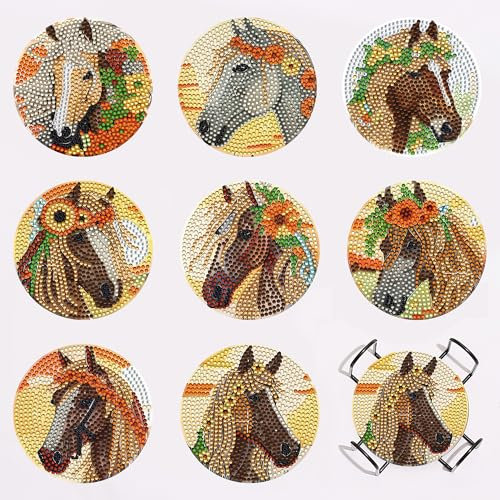 Augweyang Kit de 8 sous-verres de peinture diamant 5D avec support pour adultes et enfants - Motif cheval de cowboy occidental - Broderie par numéro - Strass - Fournitures de décoration d'intérieur