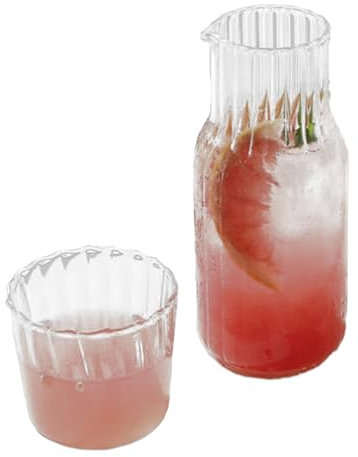 MISNODE Carafe à Eau et Verre de Chevet, Carafe Transparente avec Tasse, Carafe de Service à Eau de Chevet en Verre Cannelé Vintage, Carafe à Eau et Tasses en Verre, Carafe(17cm/6.7in-Transparent)