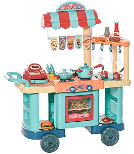 HOMCOM Cocina de Juguete para Niños de 3-6 Años Cocina Infantil con Ruedas Caja Registradora y Accesorios para Cocinar 79,5x33x90,5 cm Multicolor