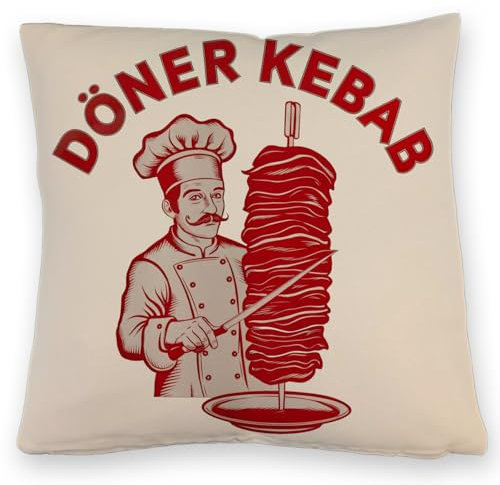 speecheese Döner Kebab Logo Kissen mit Leinenoptik Koch mit Schnurrbart Fleischspieß Rot-Weiß Retro Design Kochmütze Messer Illustration