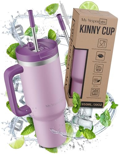 My Vesperbox Kinny Cup – Edelstahl Thermobecher mit Henkel & Strohhalm (500/950 / 1200 ml) – Isolierbecher To Go für Kaffee, Eis & Alltag – BPA-frei, Auslaufsicher, Spülmaschinenfest