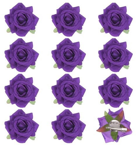 M METERXITY 12-Pack Pinzas para el Pelo con Forma de Rosa, 2.56 Pinza de Pelo de Flores, Broche de Tela Floral para Boda/Fiesta/Accesorios para el Pelo de Mujeres [6.5cm, Morado Oscuro]