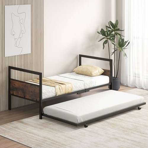 COSTWAY Lit Gigogne 90 x 200 cm, Cadre de Lit Escamotable à roulettes, avec Tête et Pied de Lit, Lattes en Métal, pour Chambre d’Enfant, Chambre d'amis, Charge 200 kg, Marron Rustique