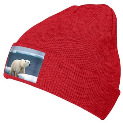 MDATT Eisbär-Beanie-Mütze für Herren und Damen, Wintermützen für Damen und Herren, weich, warm, Unisex, mit Bündchen, Strickmütze, rot, Einheitsgröße
