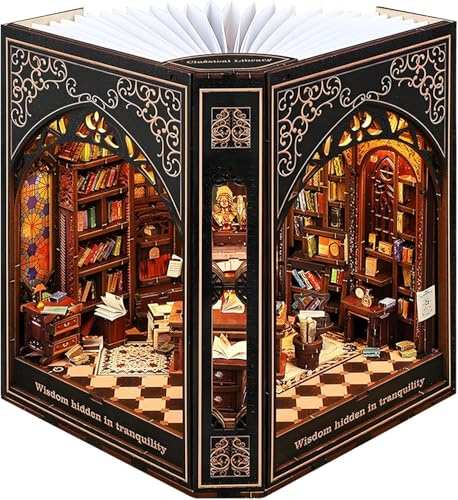 NookMaster Miniatur Haus Book Nook Kit Bausatz LED 3D Holzpuzzle Buchstütze | Vintage Miniatur Bibliothek, LED, 3D Holzpuzzle, Book Nook als Buchstütze, Bücherregal Deko, Geschenk für Buchliebhaber