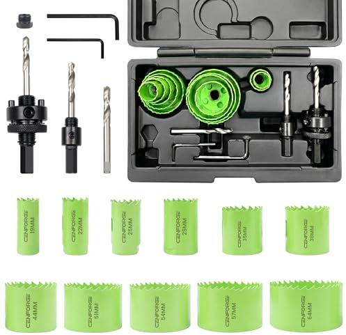 CENFORGE 17-tlg. HSS Bimetall Lochsägen-Set (19–64 mm) – Profi Bohrkrone Set für Holz, Metall, Gipskarton & PVC – Inkl. 2 Aufnahmeschäfte, Adapter & Koffer – Ideal für Elektriker & Installateure