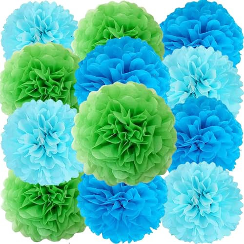 We Moment Zone 12 Stück Papier Pompons Set,Blau Hellblau Grün Pom Poms Papier für Baby Jungen und Mädchen Geburtstag Party Deko